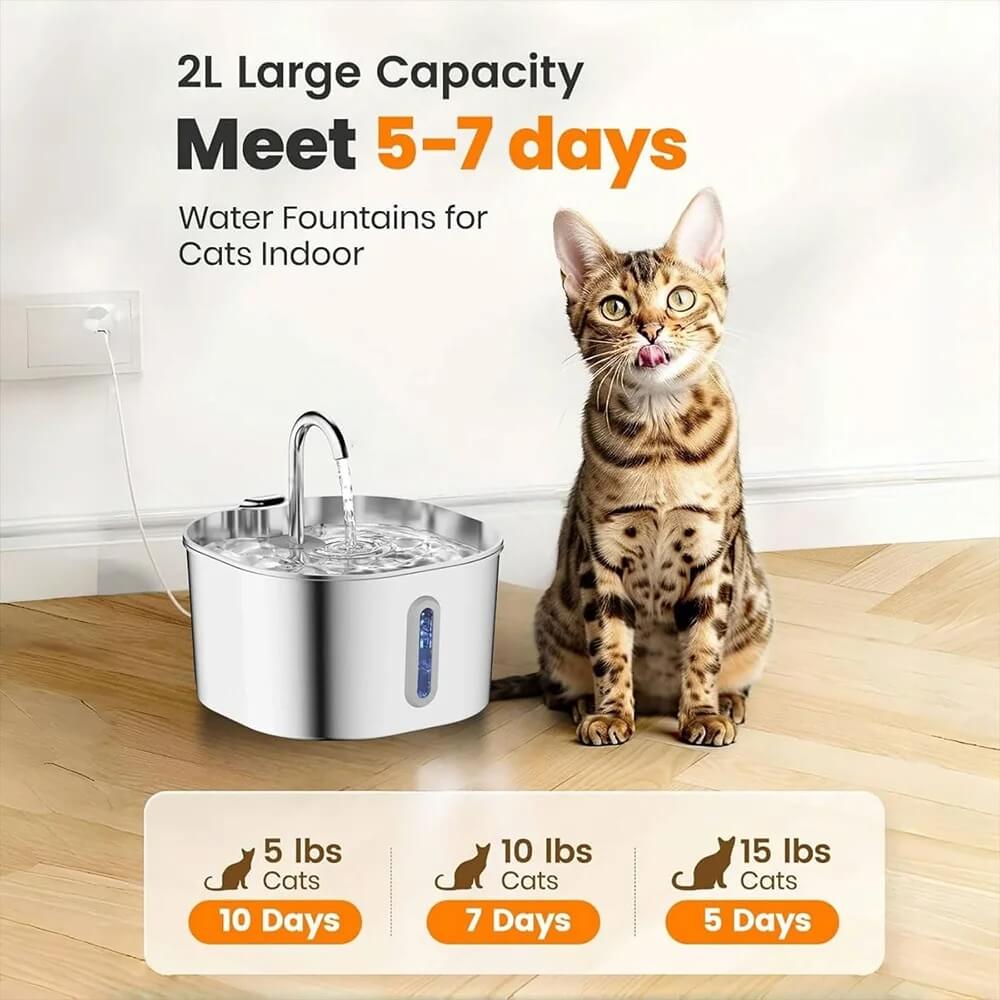 Ultra-Quiet Stainless Steel Cat Water Fountain – 2.2L