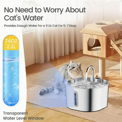 Ultra-Quiet Stainless Steel Cat Water Fountain – 2.2L